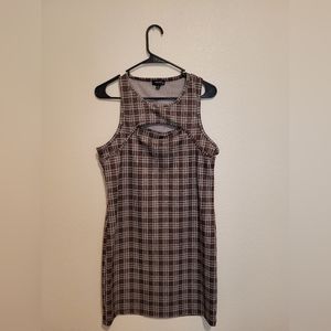 Brown Plaid High Neck Cut-Out Mini Dress (Size L)